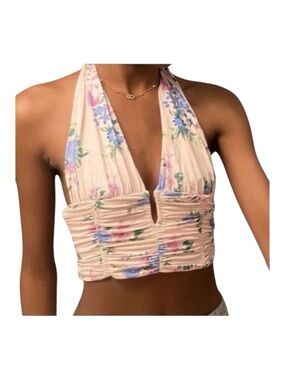 ZARA Halter Neck Crop Top, Pink Floral, Size XL.